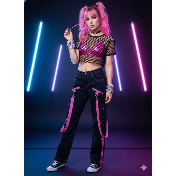 Vintage 90s Y2K HOT TOPIC Trip Rave Cargo Pants Stars Pink Black Womens Size 9 - Picture 1 of 10